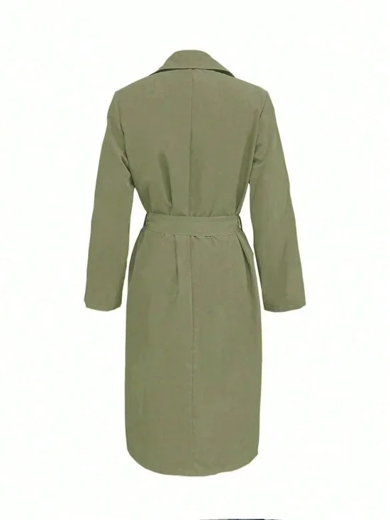 Green Casual Women's Long Sleeve Single-Breasted Trench Coat - Picture 2 of 4